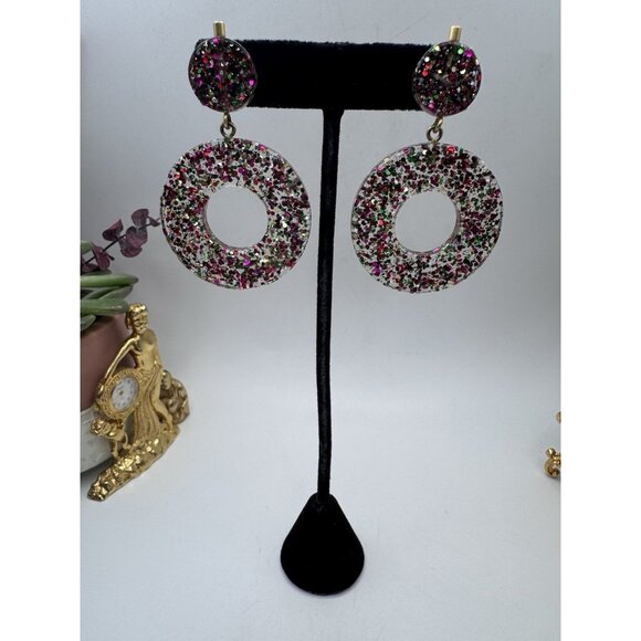 FASHION ACRYLIC CONFETTI ROUND RAINBOW DANGLE PIERCED EARRINGS - Picture 2 of 10